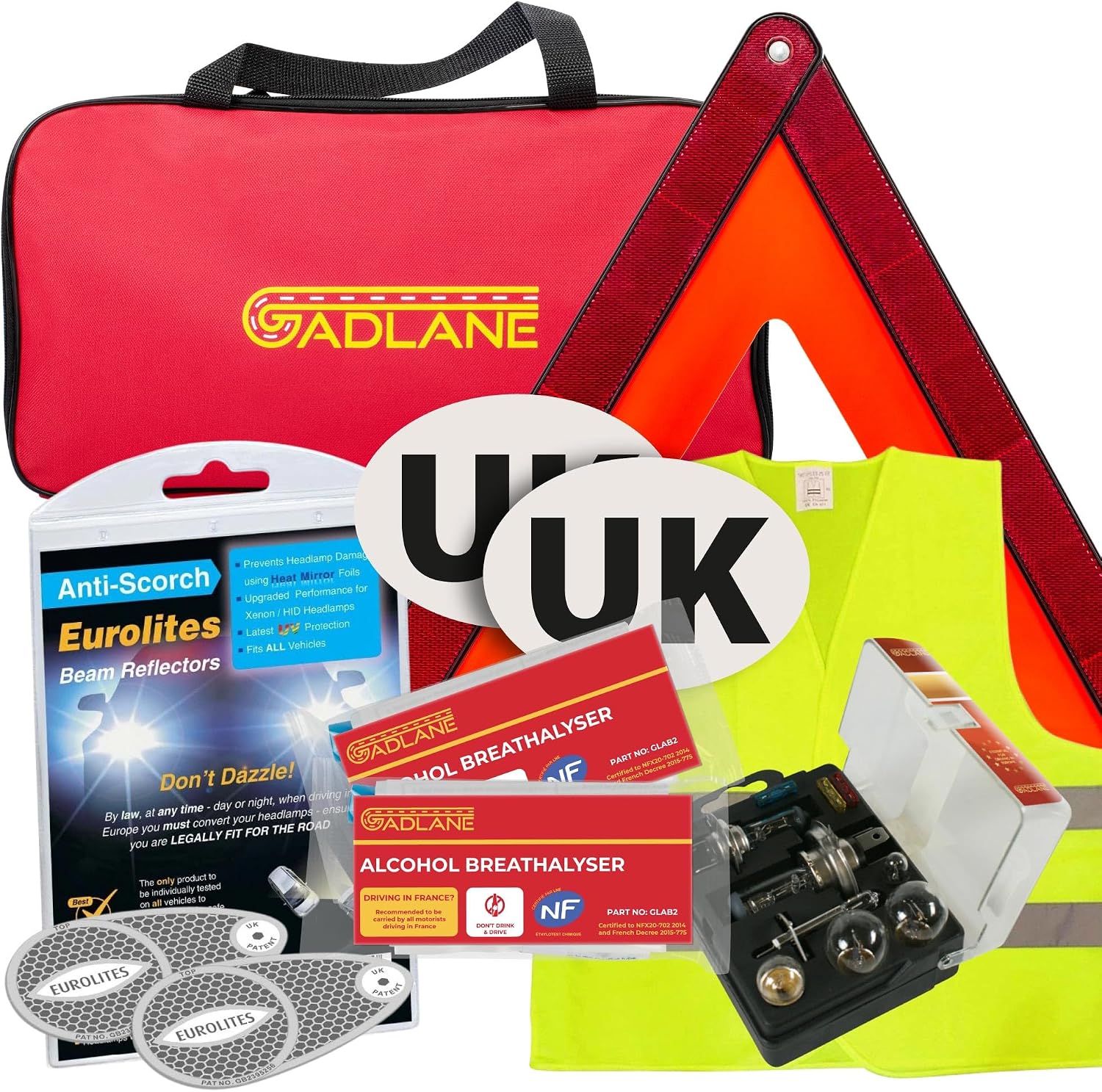GADLANE European Driving Kit France - 8 PCS Europe Car Travel Kit - NF Approved Alcohol Breathalysers, Warning Triangle, UK S
