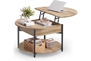 VASAGLE Soffbord, Höj- och Sänkbart, Runt, Med Förvaring | Bord För Vardagsrum, 80 x 80 x 45 cm, Öppen Hylla, Camel Brown och