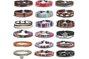 Finrezio 18 Pcs Braided Bracelet Set Men Beads Leather Wristbands Boho Ethnic Bracelet Tribal Hemp Cords Wrap Bracelets