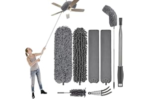 Plumeau Poussière, FUUNSOO Plumeaux avec Poignée en Acier Inoxydable Rallonge Télescopique de 76 à 245 cm, Plumeaux RéUtilisables Et Flexibles, Lavables pour Nettoyer Le Ventilateur De Plafond