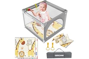 GERCHAM Box Bambini 90x90cm con Materassino e Tappeto Schiuma - Recinto Neonato per Appartamento, Centro di Attività Interno ed Esterno
