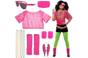 ‎CHMMY CHMMY 80er Jahre Outfit Damen Netzshirt Armband Ohrringe Stirnband Beinwärmer Brille Halskette Neon 80er Jahre Accessoires 80er Jahre Kleidung Damen Party Weihnachten Karneval Halloween
