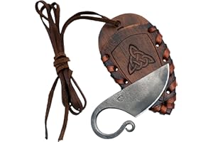 Madhammers Coltello da tasca celtico Coltello in acciaio per molle forgiato a mano in stile celtico - con custodia in vera pelle (Marrone scuro)