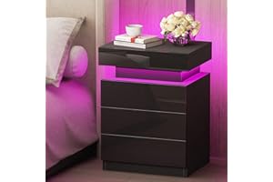 Chleby Moderna Mesita de Noche de Alto Brillo Mesita de Noche con Tira de luz led Negra Mesita de Noche con 3 cajones para Dormitorio, Sala de Estar