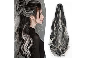 Gairyan Extensión de Cola de Caballo Coleta Postiza Pelo Natural Sintético con Pinza 50cm Postiza Extensiones de Cabello Ondulado Moño Postizo Extensiones Larga Negro Natural & Rubio