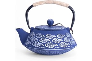 MILVBUSISS Théière en Fonte, Théière Japonaise avec Inspergraphe pour Feuille Libre, Bouilloire à Thé 800ml pour Cuisinière Enduite d’Intérieur émaillé, Motif Nuages, Bleu