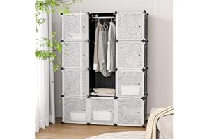Cyykcc Portable Wardrobe 12 Cube Storage Organizer Unit with 2 Clothes Hanging Rails, Modular Cabinet Storage Organizer for Clothes, Combination Armoire for Bedroom, Black & White
