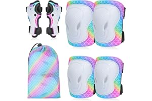 Ausletie Knee Pads for Kids Elbow Pads Wrist Guards, 7 in 1 Protective Gear Set with Drawstring Bag for Girls Skateboard Roller Skating Scooter Cycling, 3-8 Years