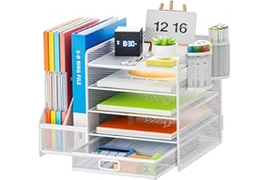 ‎MARBRASSE Marbrasse Schreibtisch Organizer mit Aktenhalter, 5 Ebenen Papier Briefablage mit Schublade und 2 Stiftehalter,Schreibtisch Netz Ablagefächer Organizer mit für Büro Bedarf (Weiß)