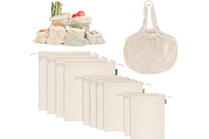 Anstore Set di sacchetti riutilizzabili in cotone, senza plastica, per la spesa, la frutta e il pane (2 pezzi M, 4 pezzi L + 1 custodia)