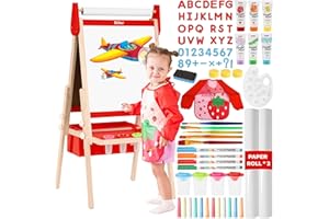 Belleur 3 in 1 Staffelei Kinder von 2–8 Jahren, Verstellbare Standtafel aus Holz, Doppelseitige Kindertafel mit Tafel und Whiteboard, Fingerfarben, Papierrolle, über 100 Zubehörteile