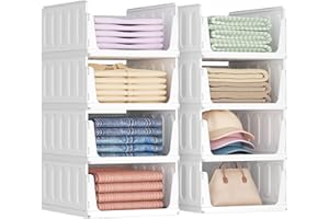 Lifewit Organizador de Armario Apilable 8 Pack, Cajas de Almacenaje Extensibles para Ropa, Camisetas y Pantalones, Cajones de Plastico para Separadores Closet de Baño, Cocina y Camping, Blanco