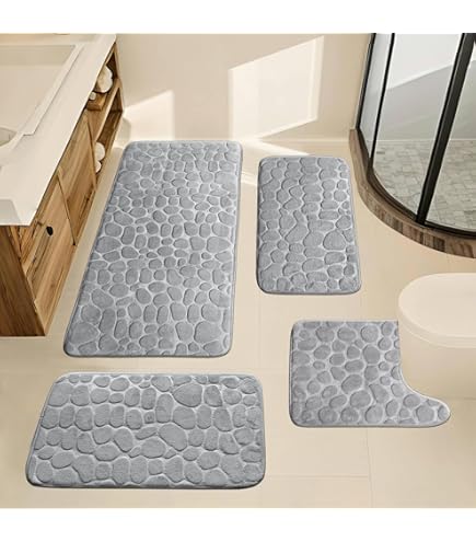 chakme Badkamertapijten, set van 2 stuks, Cobblestone Memory Foam badkamermattenset, dik, antislip, absorberend, wasbaar, donkerblauw, badmatten voor badkuip, toilet en vloer