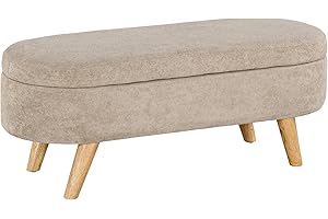 HOMCOM Banco Pie de Cama, Puff Almacenaje Tapizado en Terciopelo de Teddy con Patas de Madera y Asiento Acolchado, Banco de Almacenaje Ovalado para Dormitorio, Entrada, Pasillo, Beige