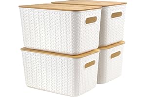 Winter Shore Caja Almacenaje Grande con Tapa de Bambú (Pack de 4) - Cestas Almacenaje de Plástico - Caja Organizadora Decorativa para Escritorio y Oficina - Cajas Apilables de Alta Carga con Tapa