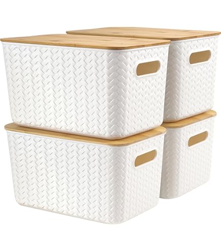 Relaxdays opbergmand set van 2, met deksel, kunststof, bamboe, handgrepen, HBD: 16x26x17,5 cm, opbergbox, wit-natuur