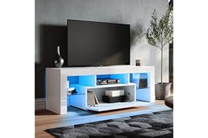 SONNI Mueble TV Blanco con Luz LED Ajustable de 12 Colores con Mando a Distancia, Mesa TV Sálon Madera con Estantes Cristal 130 CM