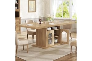 HSH Dining Desk for 4–6 Wood Farmhouse Kitchen Table with 3-Tier Storage Shelf and Acrylic Door Cabinet, Rectangular Modern Dining Room Dinner Table for Apartment Home Small Space, Light Oak 160cm