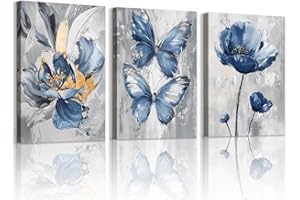 WENGTIAO 3 Pezzi Stampa su Tela Fiori di Farfalla Blu Con Cornice Quadro su Tela Vintage Pittura Floreale Astratta Quadri Moderni Soggiorno Casa Camera da Letto Pittura Decorazioni Parete 30x40cmx3