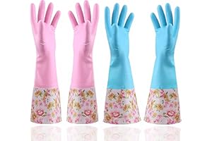 KINGFINGER Rubber Latex Waterproof Dishwashing Gloves,Long Cuff and Flock Lining Household Cleaning Gloves 2 Pair Large