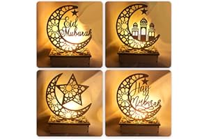 ‎ACAREY 4 Stück Ramadan Deko Laterne, Ramadan Dekoration Lampe Holz, LED Mond Stern Deko Teelichthalter Islam Deko Muslimische Deko, DIY Ramadan Mubarak Dekoration Für Schlafzimmer Tisch Deko