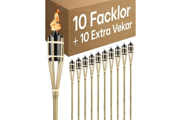10 Trädgårdsfacklor Bambu med 10 Vekar - 90 cm - Lång Brinntid - Oljefacklor för Utomhusbruk - Uppladdningsbara