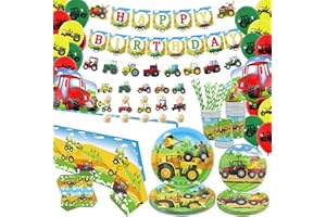 ENCETARDE Tractor Birthday Party Tableware Supplies Serves 20 - Includes Tractor Happy Birthday Banner, Plates, Napkins, Cups, Straws, Tablecloth, Balloons, for Barnyard Farm Party Decorations (Yellow-L)