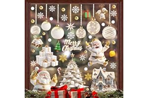WYBTBM Vetrofanie Natalizie per Finestre, Adesivi Natalizi Finestre Riutilizzabili, Adesivi Natale Fiocchi di Neve, Oro Bianco Vetrofanie Natale Removibili Alci Babbo Decorazioni per Vetrine Casa 9 fogli
