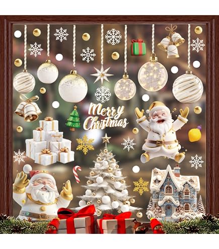 Autocollants Fenêtre Noël Dorés 40x50 Cm - Motif Sapin Et Flocons De Neige, PVC, Amovibles Et Réutilisables - 9