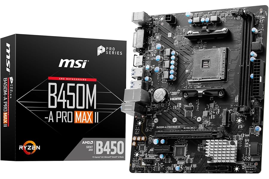 Amazon listing image: MSI B450M-A PRO MAX II Motherboard, Micro-ATX, AM4 DDR4 USB 3.2 Gen 1 HDMI