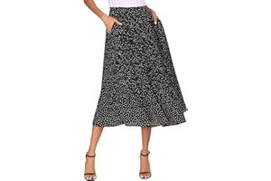 Parabler Damen Chiffon Midirock Elegante Blumen Polka Dot Lang Rock Elastische Taille Sommerrock Plisseerock Strandrock mit Taschen