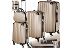 tectake® 4-TLG. Reisekoffer - Kofferset mit abnehmbaren Rollen 360°, Hartschalenkoffer mit TSA Zahlenschloss, Koffer groß, abteilbarer Innenraum, Trolley Handgepäck, Teleskopgriff - Champagner