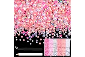 NACHLYNN 10000 Pcs Rhinestones and Pearls 3-8mm Half Pearl Bead Resin Rhinestones Kits Comes with Jewelry Pen and Tweezers Suitable for Nail Art Clothing Handmade DIY Decoration (Pink White)