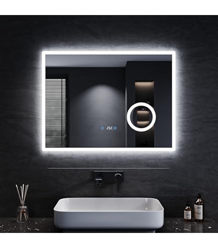 PESENXAN Ronde badkamerspiegel met verlichting, 60 cm led-spiegel met digitale klok, anti-condens, 3 lichtkleuren, dimbaar, geheugenfunctie, touch -schakelaar, IP44 waterdicht, ronde badkamerspiegel