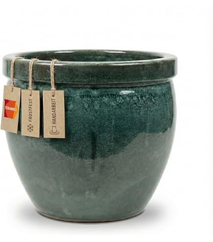 Teramico Premium plantenbak keramiek geglazuurd - 100% vorstbestendig & handwerk. Bloempot met gat voor buiten en binnen. Hoogwaardige sierpot unicum winterbestendig (groen, 21cm x 18cm