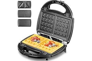 Appareil à Croque Monsieur 3 en 1, Gaufrier, Panini Grill, Grill avec 3 Plaques antiadhésives et Interchangeables, Thermostat Automatique, Facile à nettoyer, 750W