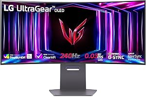 LG UltraGear Curved OLED Gaming Monitor 34GS95QE, 34 inch, 1440p, 240Hz, 0.03ms Response Time, HDR 10, NVIDIA G-Sync compatible & AMD FreeSync, Smart Energy Saving, DisplayPort, HDMI