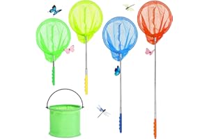 Landifor 4pcs Telescopic Butterfly Nets Kid Fishing Net for Pond River Rockpool Crabbing Net with Foldable Bucket for Boy Girl Catching Bug Insect Small Fish Crab Outdoor Playing Garden Activity