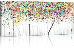 FajerminArt Cadre en Bois Arbre à fleurs Impression sur Toile Moderne Mural Coloré Arbre de vie Peintures sur Toile Grande Tableau Decoration Murale Salon Chambre prêt à accrocher 50x120 cm