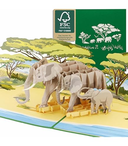 Lin Pop Up 3D Safari Animal Greeting Card - Large 15x15cm Handmade Pop-Up Card