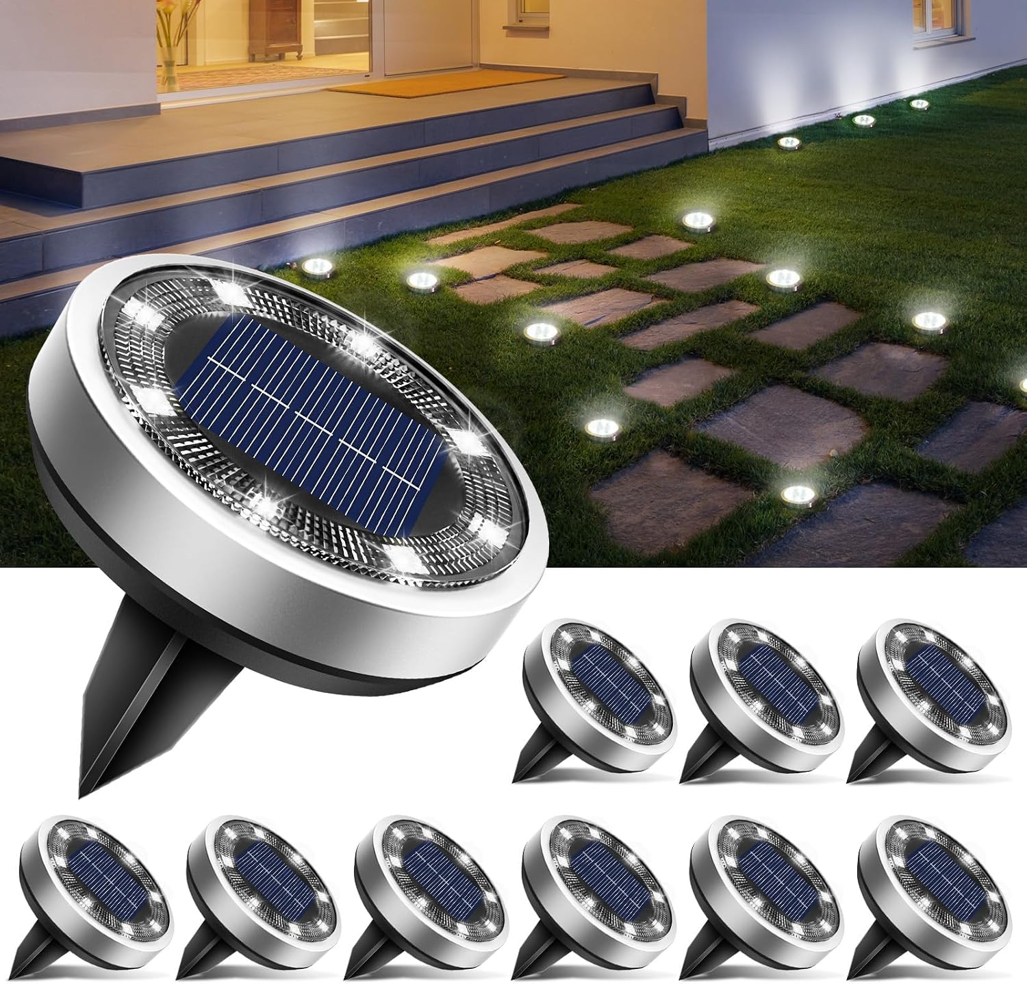btfarm Solar Lights Outdoor Garden, 10 Pack Solar Ground Lights, 8 LED Solar Disk Lights Outdoor IP65 Waterproof for Garden Pathway Lawn Patio Yard Landscape (Cool White)