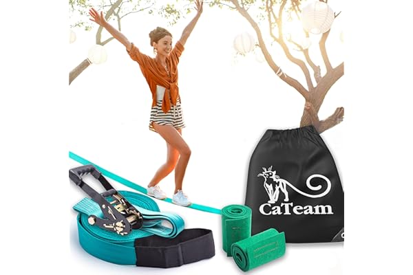Slackline pour l'entraînement d'équilibre 50 'avec cliquet Industriel Robuste, Bande de Protection d'arbre et Sac de Transport - Slack Lines for Backyard - Slackline de Soutien de Ligne Ninja.