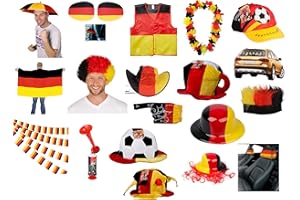 KIOTEET JUNG Deutschland Fanpaket 33 tlg, Fanartikel, Druckluftfanfaren, Fahnen, Hüte, Autodeko etc, Fanbox ideal für die UEFA Fussball EM 2024, Europameisterschaft