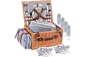 MINENICE Panier de Pique Nique pour 4 Personnes, Panier Pique Nique en Osier avec Compartiment Isotherme, Couverture Pique-Nique Imperméable et Couverts, Panier Picnic pour Camping, Bleu