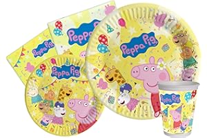 Peppa Pig Peppa's Birthday Party Set for 24 People (112 Pieces: 24 Paper Plates Diameter 23 cm, 24 Paper Plates Diameter 18 cm, 24 Cups 250 ml, 40 Napkins 33 x 33 cm) Made of Eco-Friendly Compostable