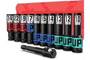 Aurlloct 11 Piezas Juego de Llaves de Vaso de Impacto 1/2", 10-24 mm Vasos de Impacto Largo con 1/4" a 1/2" Adaptador de Dado, Reparación de Automóviles y Mantenimiento Mecánico