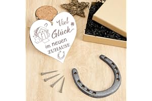 Hestya Hufeisen Glücksbringer Geschenk Set mit Hufeisen 4 Nägel Herzschild mit Motiv Viel Glück im Neuen Zuhause Einweihungsgeschenk