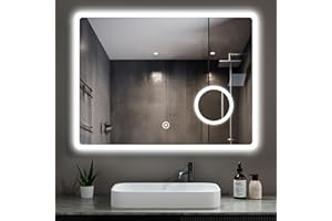 Heilmetz Bathroom Mirror with LED Lights, 800 x 600mm Bathroom Wall Mirror with Demister, Illuminated Bathroom LED Mirror with Shaver Socket and 3x Magnification, 6500k Horizontal