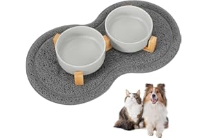 Vexillic Gamelle pour Chien, 400ML 2 Pièces Gamelle Chien Chat Surelevee Céramique avec Support en Bambou et Tapis Antidérapants pour Chiens de Petite et Moyenne Taille (Gris)