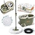 ZALCOON Spin Mop and Bucket with Wringer Set, Telescopic Handle for Floor Cleaning, 360° Spinning Mop Bucket with 2 Wheels Easy Moving, Extra Microfiber Mop Pads and Scrub Brush (Olive Green)